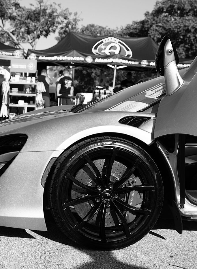 Black and white close up of a sports car